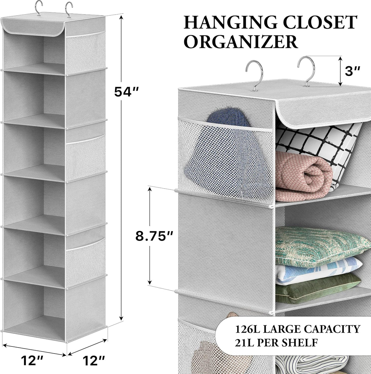 5 Shelf Hanging Closet Organizer, Gray