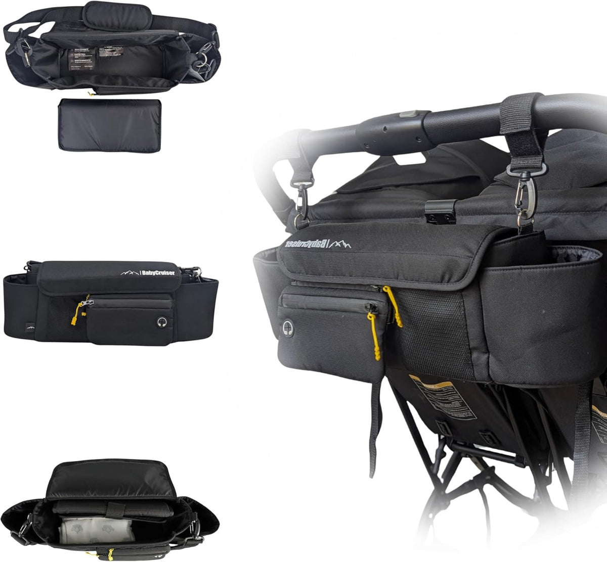 Stroller Caddy Double Organizer with Cup Holder Phone Pocket Changing Mat Straps Mounted 2 x Stroller Water Bottle Holder