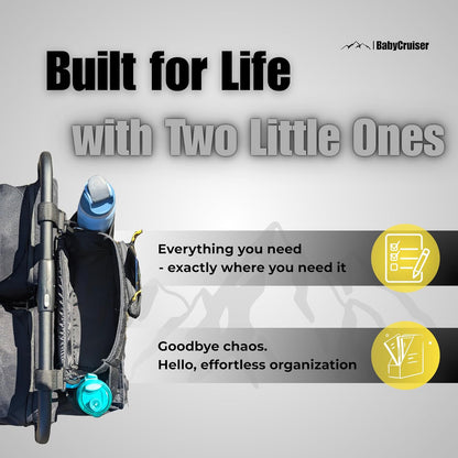 Stroller Caddy Double Organizer with Cup Holder Phone Pocket Changing Mat Straps Mounted 2 x Stroller Water Bottle Holder