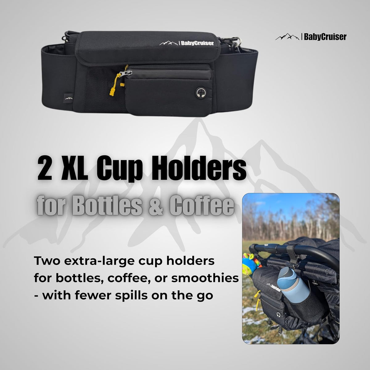 Stroller Caddy Double Organizer with Cup Holder Phone Pocket Changing Mat Straps Mounted 2 x Stroller Water Bottle Holder
