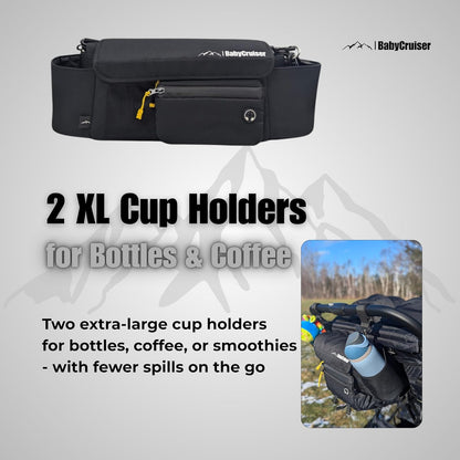 Stroller Caddy Double Organizer with Cup Holder Phone Pocket Changing Mat Straps Mounted 2 x Stroller Water Bottle Holder