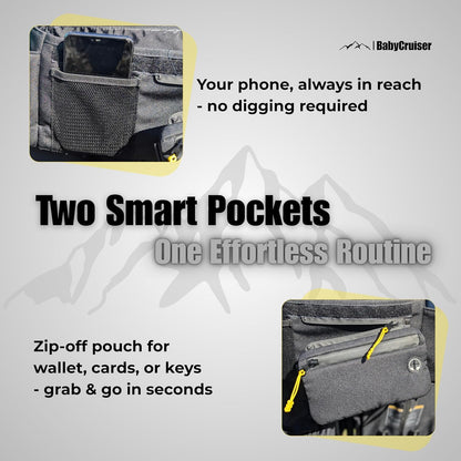 Stroller Caddy Double Organizer with Cup Holder Phone Pocket Changing Mat Straps Mounted 2 x Stroller Water Bottle Holder