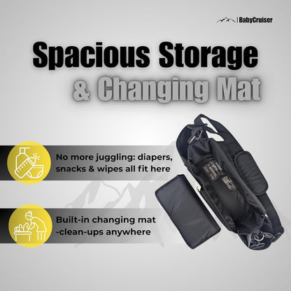 Stroller Caddy Double Organizer with Cup Holder Phone Pocket Changing Mat Straps Mounted 2 x Stroller Water Bottle Holder