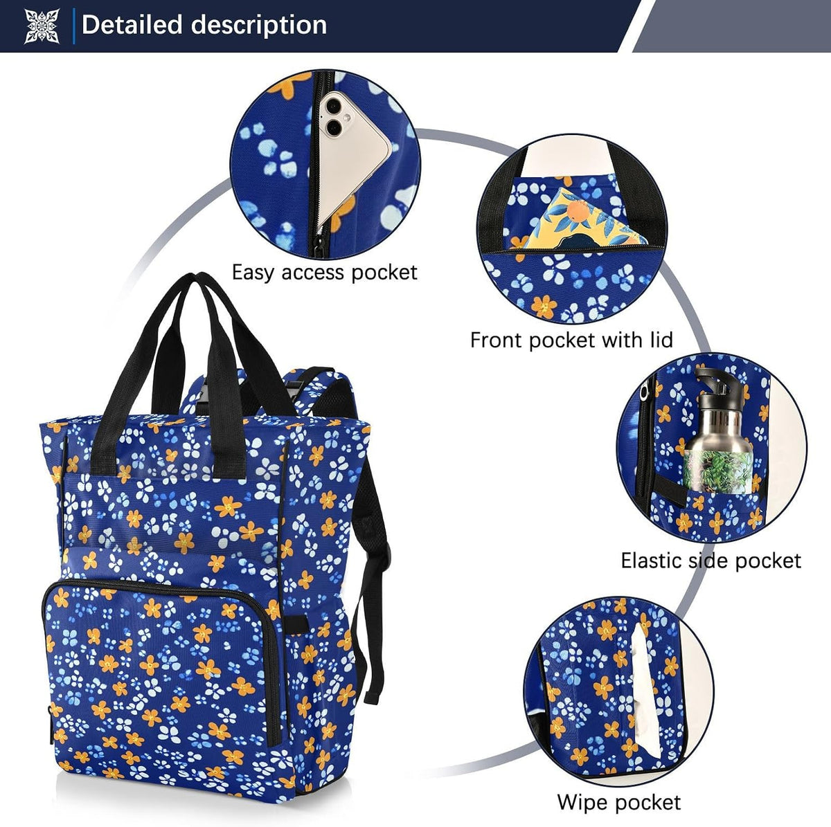 Diaper Bag Backpack, Multifunction Travel Bag for Moms Dads, Baby Changing Bag with Insulted Pockets, Stroller Straps and Side Bottle Pockets Cute Orange Flower Pattern