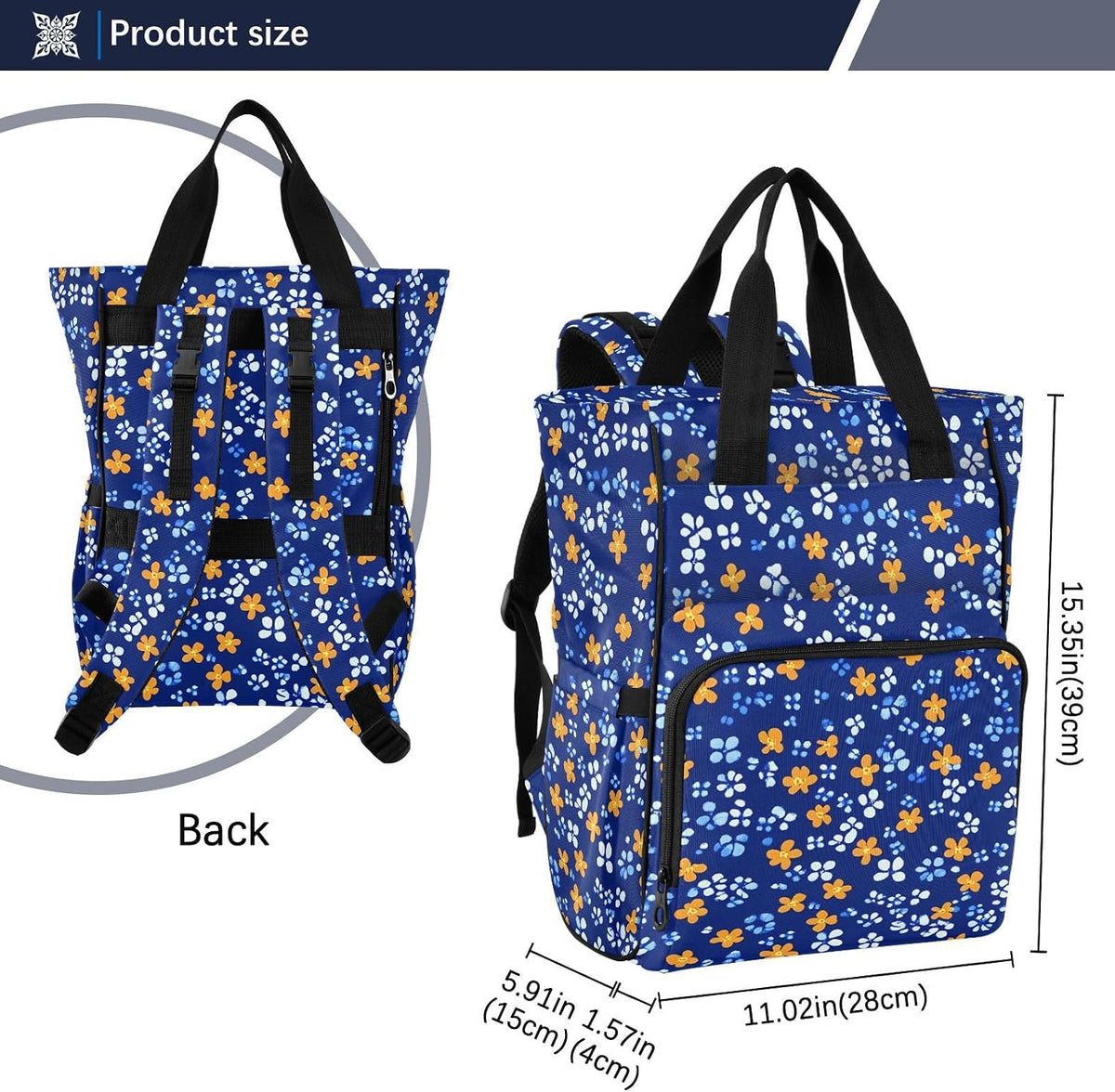 Diaper Bag Backpack, Multifunction Travel Bag for Moms Dads, Baby Changing Bag with Insulted Pockets, Stroller Straps and Side Bottle Pockets Cute Orange Flower Pattern