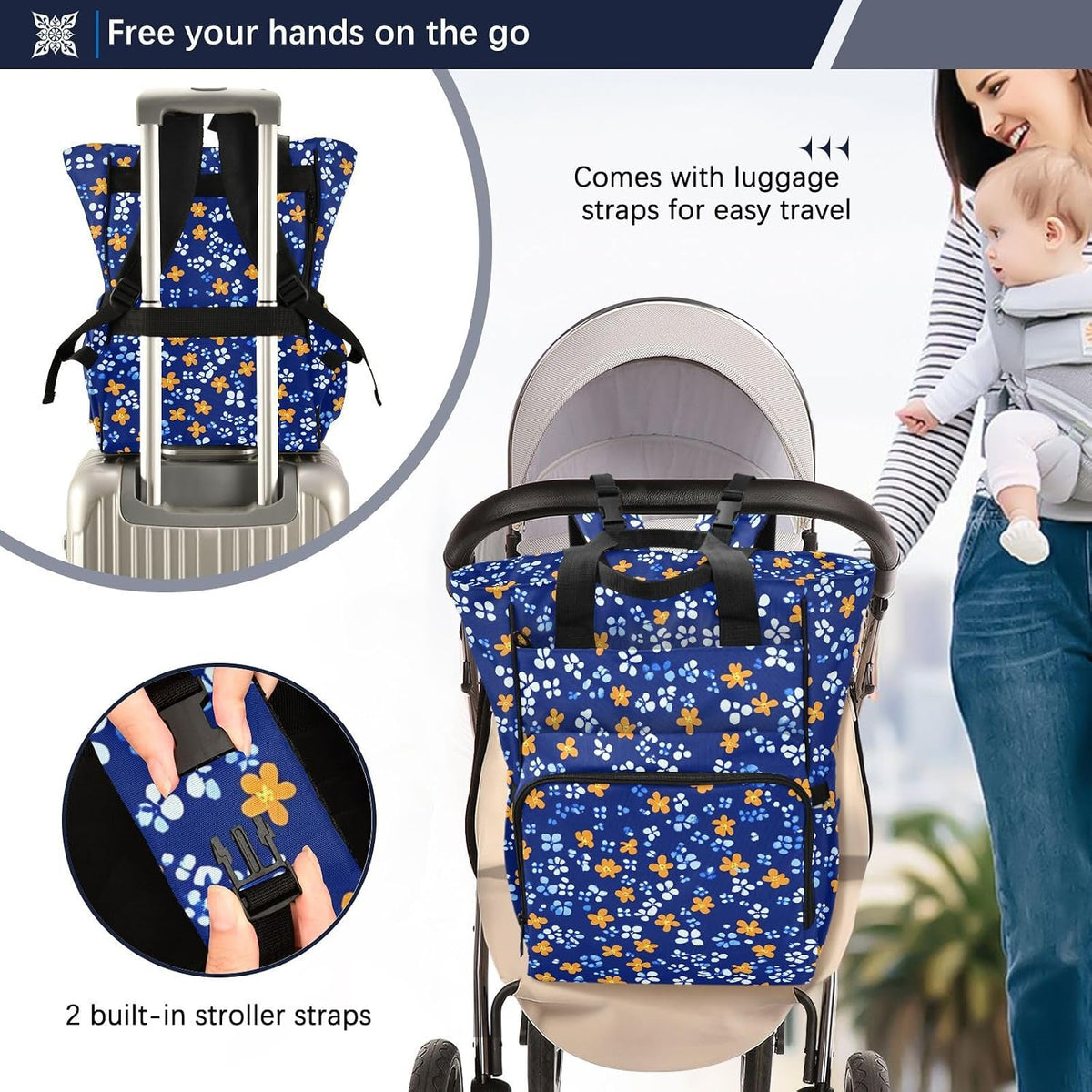 Diaper Bag Backpack, Multifunction Travel Bag for Moms Dads, Baby Changing Bag with Insulted Pockets, Stroller Straps and Side Bottle Pockets Cute Orange Flower Pattern