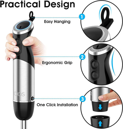 Upgraded Immersion Blender Handheld, 1000W 12-Speed 5 in 1 Hand Mixer Stick Blender with 304 Stainless Steel Blade,Food Processor,Beaker,Egg Whisk&Milk Frother,Non-BPA,Smoothies Purée Baby Food