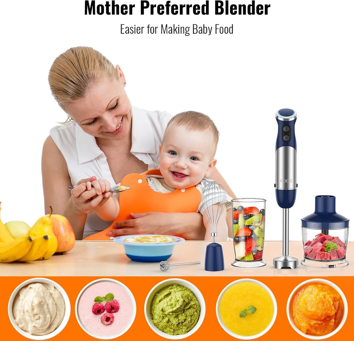 Upgraded Immersion Blender Handheld, 1000W 12-Speed 5 in 1 Hand Mixer Stick Blender with 304 Stainless Steel Blade,Food Processor,Beaker,Egg Whisk&Milk Frother,Non-BPA,Smoothies Purée Baby Food