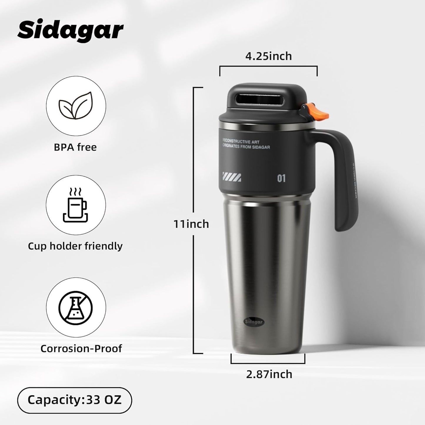 32 oz Insulated Tumbler with Push-button Lid and Handle, Black | 316L Stainless Steel, Leakproof Lid, Double-Wall Vacuum Insulation, Keeps Drinks Hot or Cold for Work, Travel & Daily Use