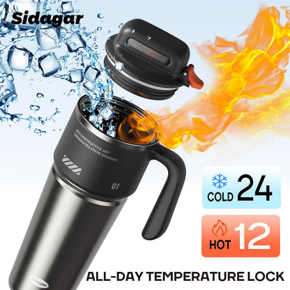 32 oz Insulated Tumbler with Push-button Lid and Handle, Black | 316L Stainless Steel, Leakproof Lid, Double-Wall Vacuum Insulation, Keeps Drinks Hot or Cold for Work, Travel & Daily Use