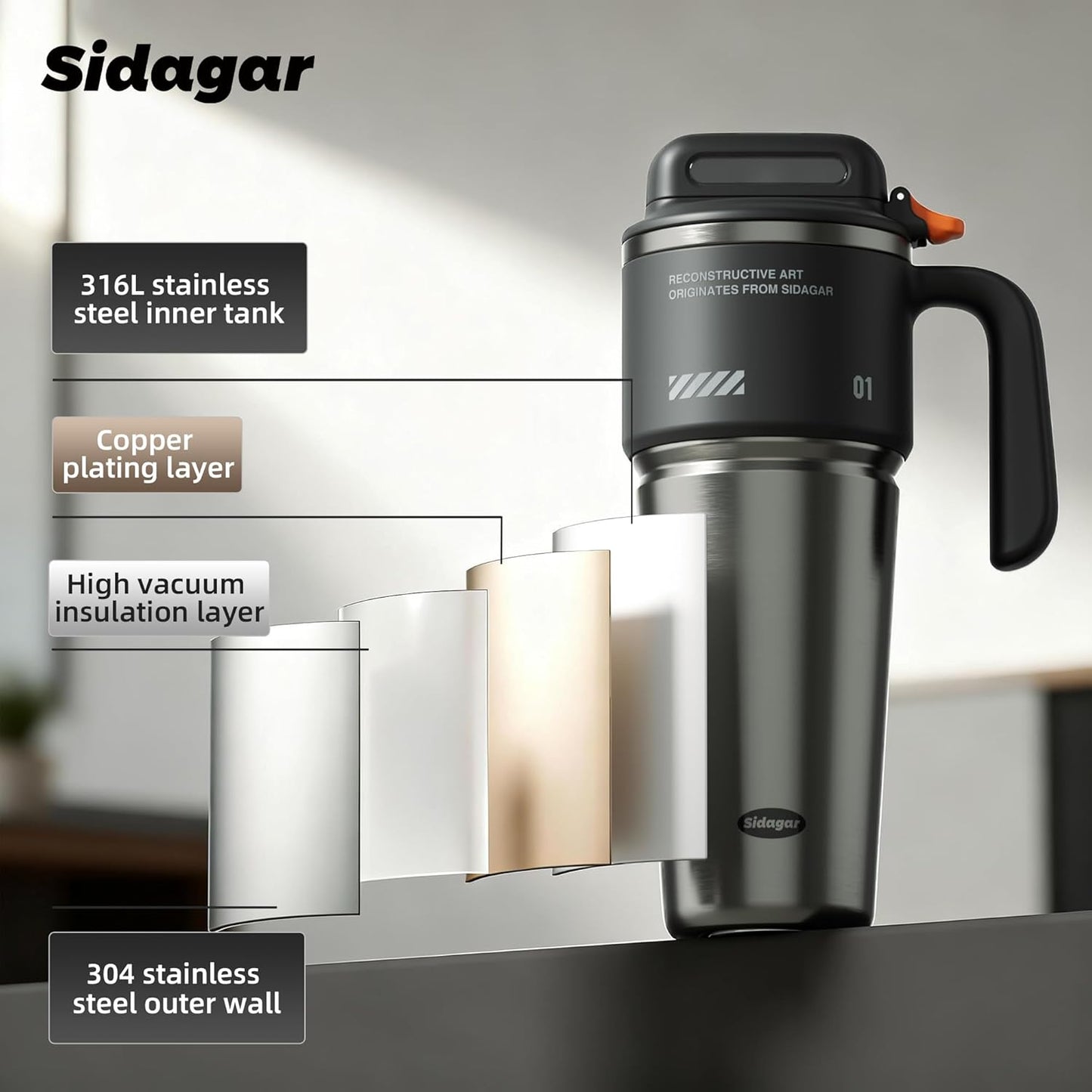 32 oz Insulated Tumbler with Push-button Lid and Handle, Black | 316L Stainless Steel, Leakproof Lid, Double-Wall Vacuum Insulation, Keeps Drinks Hot or Cold for Work, Travel & Daily Use