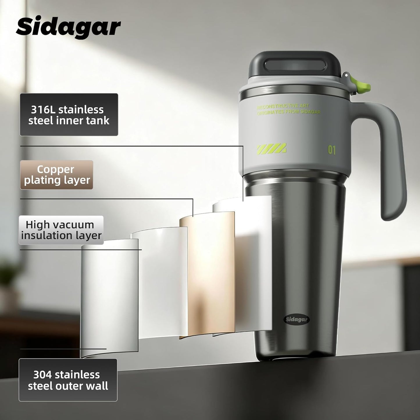 32 oz Insulated Tumbler with Push-button Lid and Handle, Black | 316L Stainless Steel, Leakproof Lid, Double-Wall Vacuum Insulation, Keeps Drinks Hot or Cold for Work, Travel & Daily Use