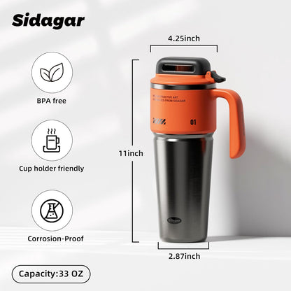 32 oz Insulated Tumbler with Push-button Lid and Handle, Black | 316L Stainless Steel, Leakproof Lid, Double-Wall Vacuum Insulation, Keeps Drinks Hot or Cold for Work, Travel & Daily Use