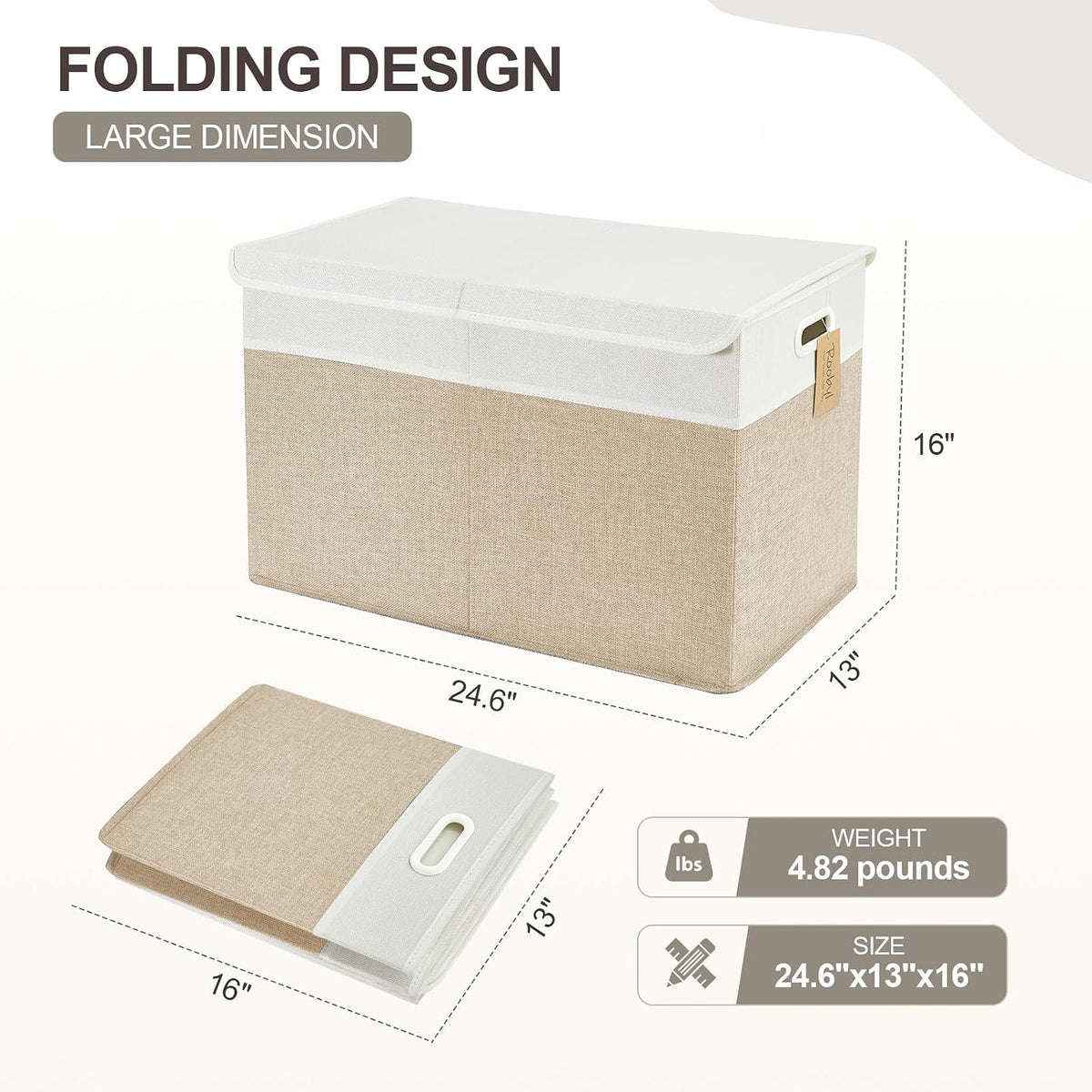 Large Toy Storage Box with Lid, Collapsible Toys Storage Organizer Bins with Dividers and Handles, Storage Chest Bin for Kids, Boys, Girls, Nursery 25"x13" x16" (Beige & White)