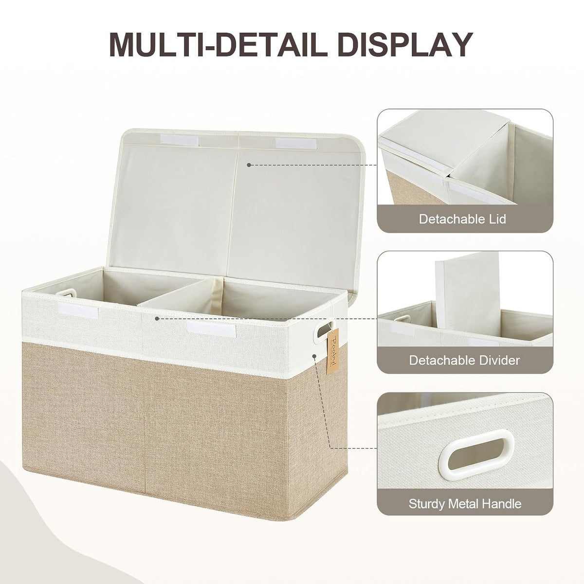 Large Toy Storage Box with Lid, Collapsible Toys Storage Organizer Bins with Dividers and Handles, Storage Chest Bin for Kids, Boys, Girls, Nursery 25"x13" x16" (Beige & White)