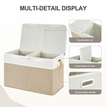 Large Toy Storage Box with Lid, Collapsible Toys Storage Organizer Bins with Dividers and Handles, Storage Chest Bin for Kids, Boys, Girls, Nursery 25"x13" x16" (Beige & White)