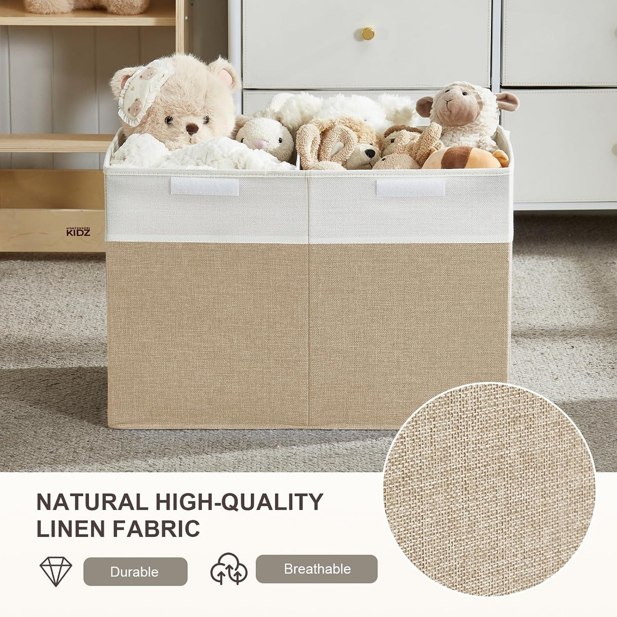 Large Toy Storage Box with Lid, Collapsible Toys Storage Organizer Bins with Dividers and Handles, Storage Chest Bin for Kids, Boys, Girls, Nursery 25"x13" x16" (Beige & White)