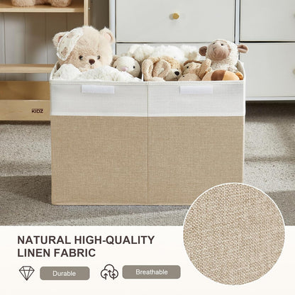Large Toy Storage Box with Lid, Collapsible Toys Storage Organizer Bins with Dividers and Handles, Storage Chest Bin for Kids, Boys, Girls, Nursery 25"x13" x16" (Beige & White)
