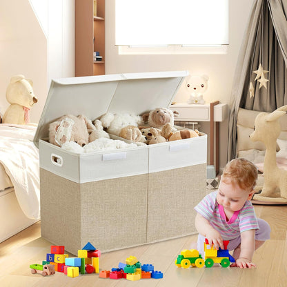 Large Toy Storage Box with Lid, Collapsible Toys Storage Organizer Bins with Dividers and Handles, Storage Chest Bin for Kids, Boys, Girls, Nursery 25"x13" x16" (Beige & White)