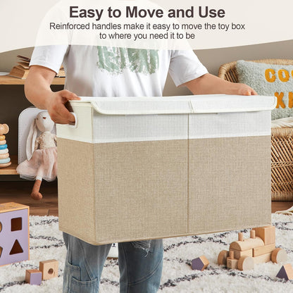 Large Toy Storage Box with Lid, Collapsible Toys Storage Organizer Bins with Dividers and Handles, Storage Chest Bin for Kids, Boys, Girls, Nursery 25"x13" x16" (Beige & White)