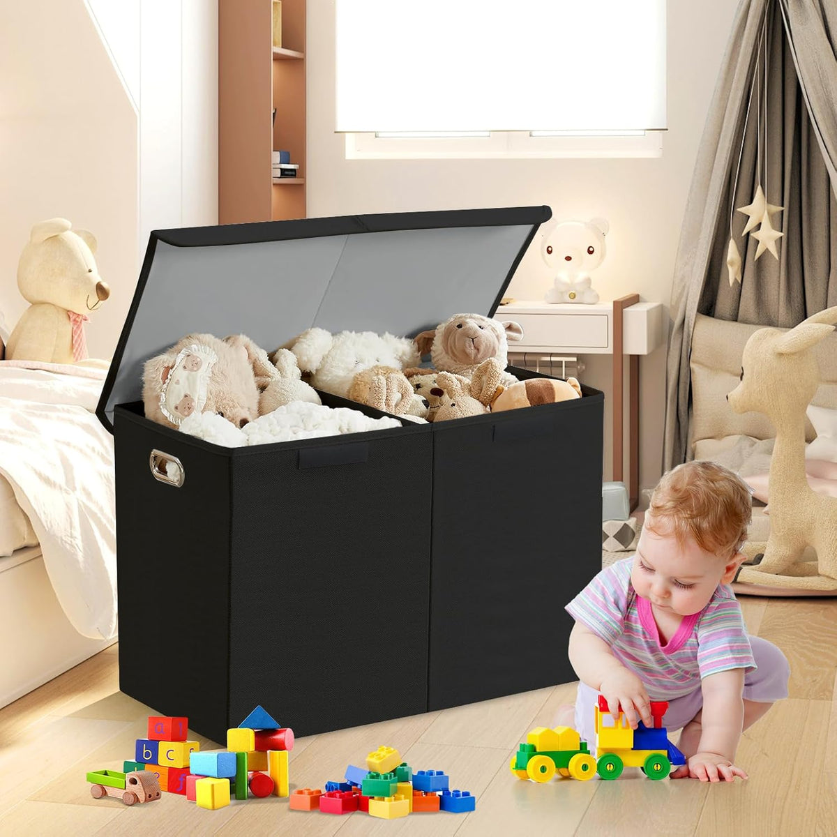 Large Toy Storage Box with Lid, Collapsible Toys Storage Organizer Bins with Dividers and Handles, Storage Chest Bin for Kids, Boys, Girls, Nursery 25"x13" x16" (Beige & White)