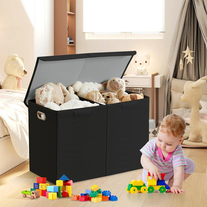Large Toy Storage Box with Lid, Collapsible Toys Storage Organizer Bins with Dividers and Handles, Storage Chest Bin for Kids, Boys, Girls, Nursery 25"x13" x16" (Beige & White)