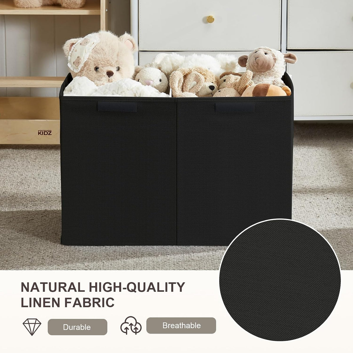 Large Toy Storage Box with Lid, Collapsible Toys Storage Organizer Bins with Dividers and Handles, Storage Chest Bin for Kids, Boys, Girls, Nursery 25"x13" x16" (Beige & White)