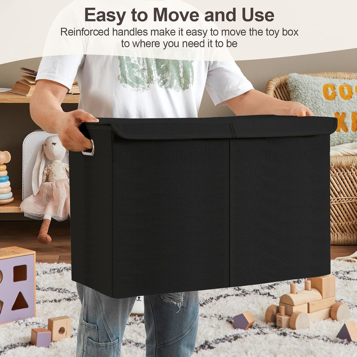Large Toy Storage Box with Lid, Collapsible Toys Storage Organizer Bins with Dividers and Handles, Storage Chest Bin for Kids, Boys, Girls, Nursery 25"x13" x16" (Beige & White)
