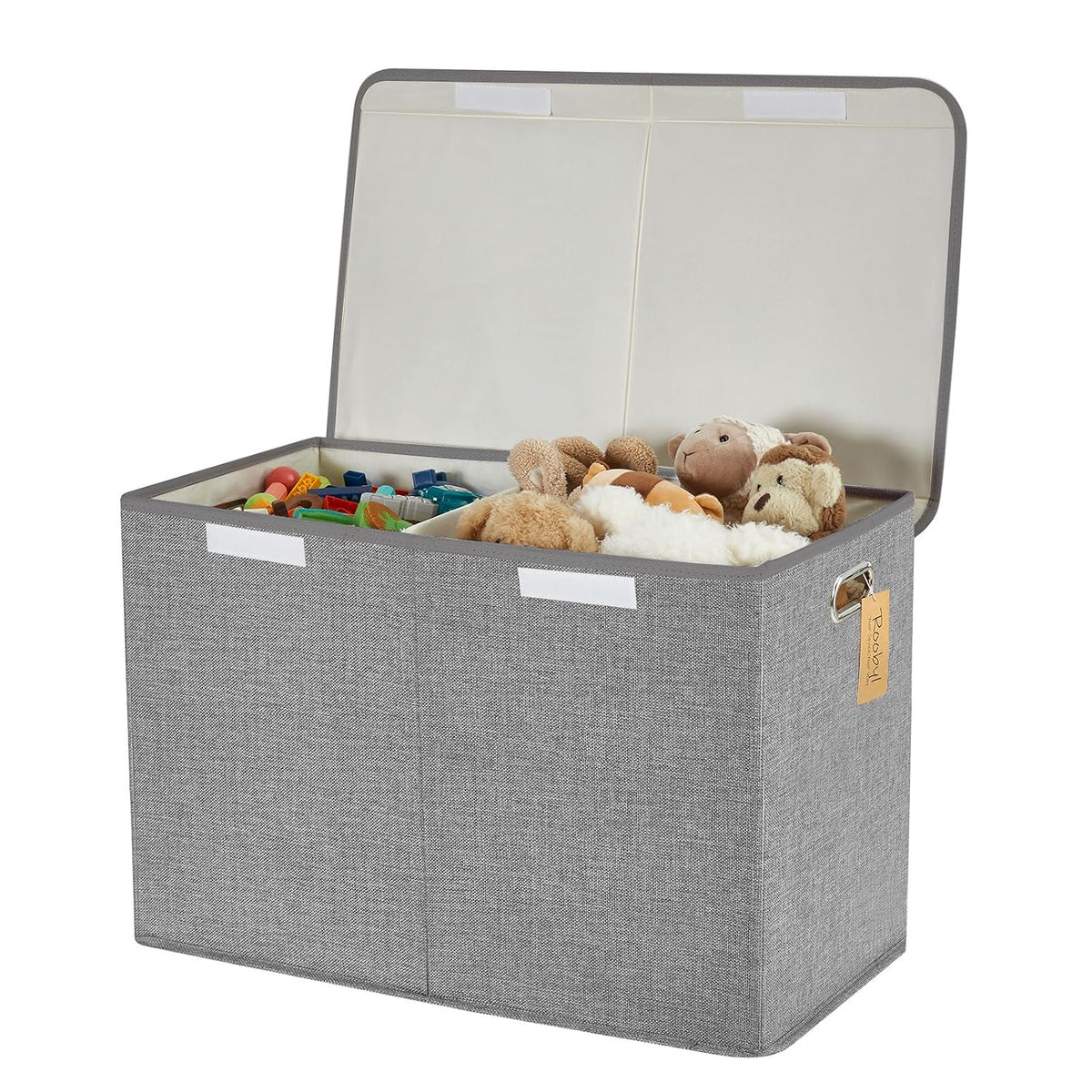 Large Toy Storage Box with Lid, Collapsible Toys Storage Organizer Bins with Dividers and Handles, Storage Chest Bin for Kids, Boys, Girls, Nursery 25"x13" x16" (Beige & White)