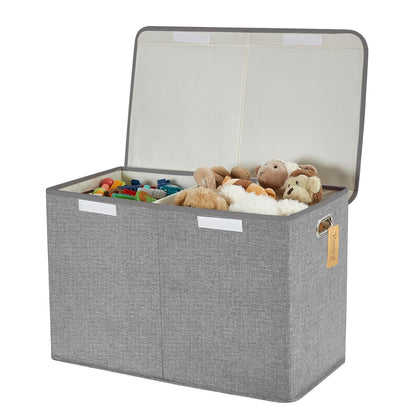 Large Toy Storage Box with Lid, Collapsible Toys Storage Organizer Bins with Dividers and Handles, Storage Chest Bin for Kids, Boys, Girls, Nursery 25"x13" x16" (Beige & White)