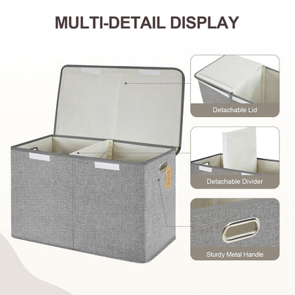 Large Toy Storage Box with Lid, Collapsible Toys Storage Organizer Bins with Dividers and Handles, Storage Chest Bin for Kids, Boys, Girls, Nursery 25"x13" x16" (Beige & White)