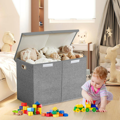 Large Toy Storage Box with Lid, Collapsible Toys Storage Organizer Bins with Dividers and Handles, Storage Chest Bin for Kids, Boys, Girls, Nursery 25"x13" x16" (Beige & White)