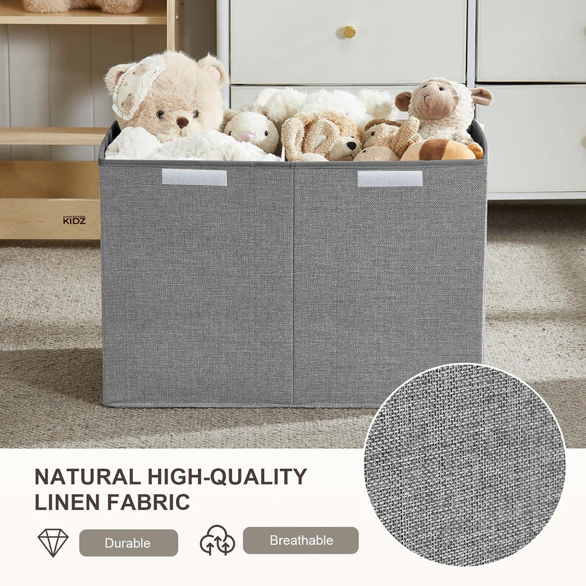 Large Toy Storage Box with Lid, Collapsible Toys Storage Organizer Bins with Dividers and Handles, Storage Chest Bin for Kids, Boys, Girls, Nursery 25"x13" x16" (Beige & White)