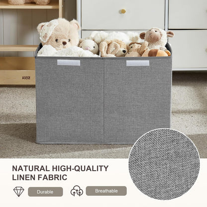 Large Toy Storage Box with Lid, Collapsible Toys Storage Organizer Bins with Dividers and Handles, Storage Chest Bin for Kids, Boys, Girls, Nursery 25"x13" x16" (Beige & White)