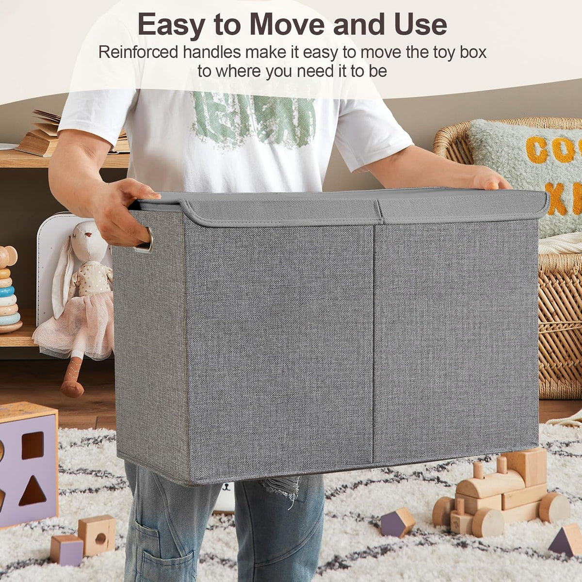 Large Toy Storage Box with Lid, Collapsible Toys Storage Organizer Bins with Dividers and Handles, Storage Chest Bin for Kids, Boys, Girls, Nursery 25"x13" x16" (Beige & White)