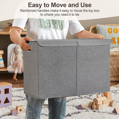Large Toy Storage Box with Lid, Collapsible Toys Storage Organizer Bins with Dividers and Handles, Storage Chest Bin for Kids, Boys, Girls, Nursery 25"x13" x16" (Beige & White)