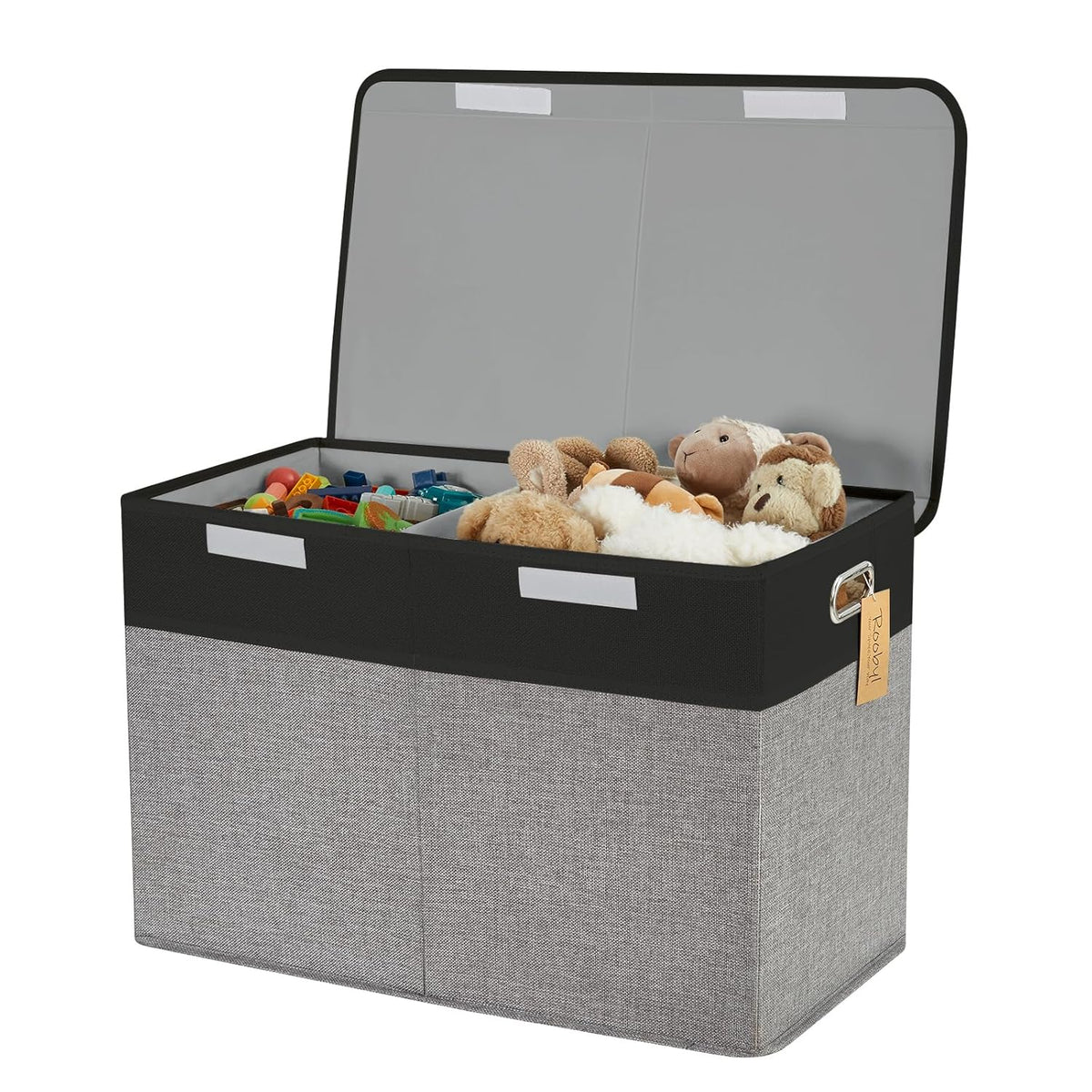 Large Toy Storage Box with Lid, Collapsible Toys Storage Organizer Bins with Dividers and Handles, Storage Chest Bin for Kids, Boys, Girls, Nursery 25"x13" x16" (Beige & White)