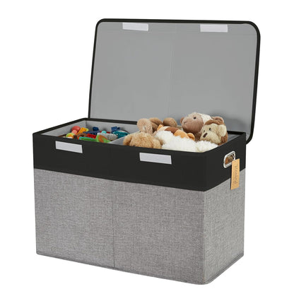 Large Toy Storage Box with Lid, Collapsible Toys Storage Organizer Bins with Dividers and Handles, Storage Chest Bin for Kids, Boys, Girls, Nursery 25"x13" x16" (Beige & White)
