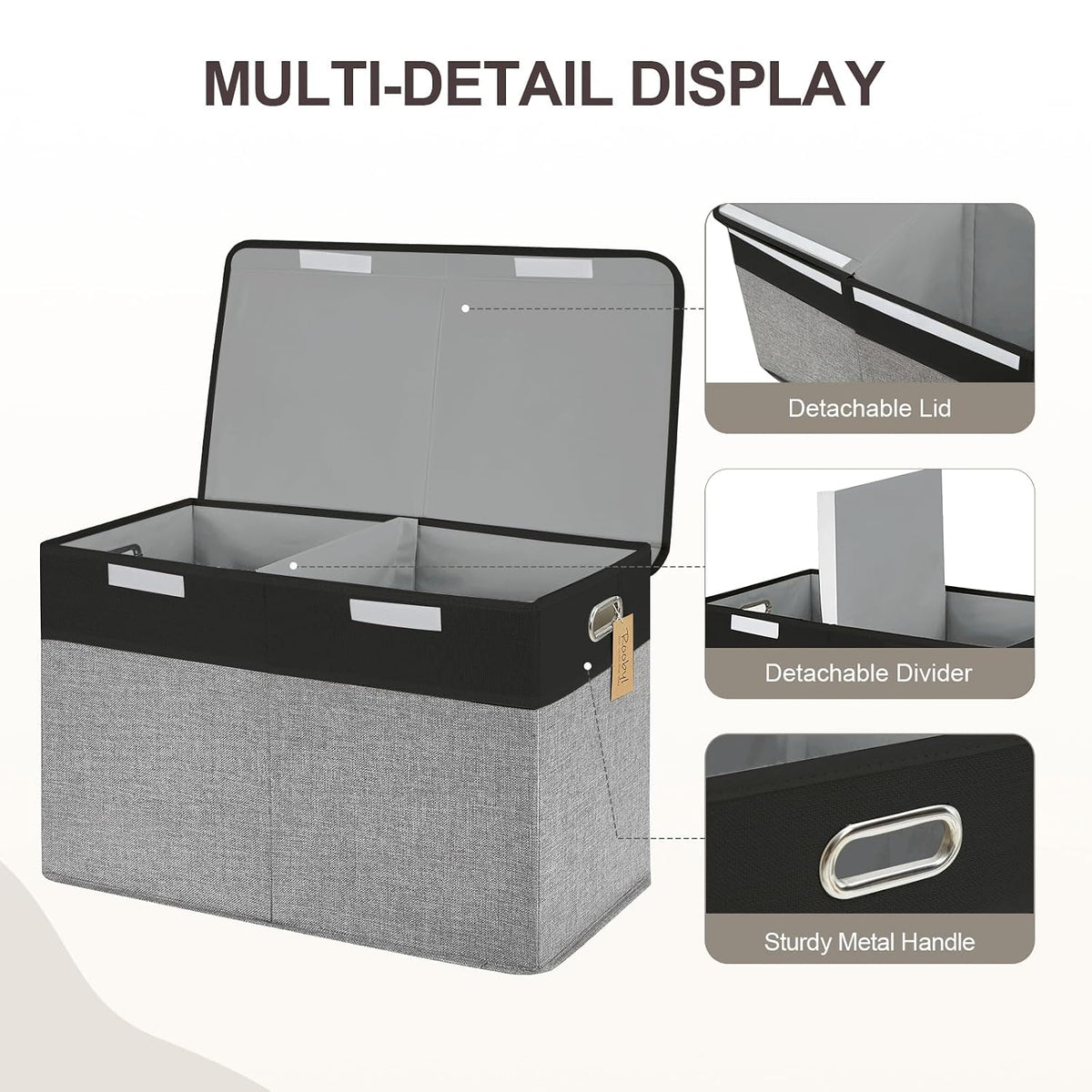 Large Toy Storage Box with Lid, Collapsible Toys Storage Organizer Bins with Dividers and Handles, Storage Chest Bin for Kids, Boys, Girls, Nursery 25"x13" x16" (Beige & White)