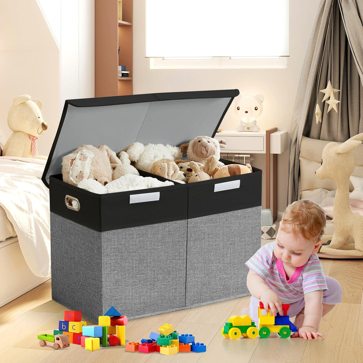Large Toy Storage Box with Lid, Collapsible Toys Storage Organizer Bins with Dividers and Handles, Storage Chest Bin for Kids, Boys, Girls, Nursery 25"x13" x16" (Beige & White)