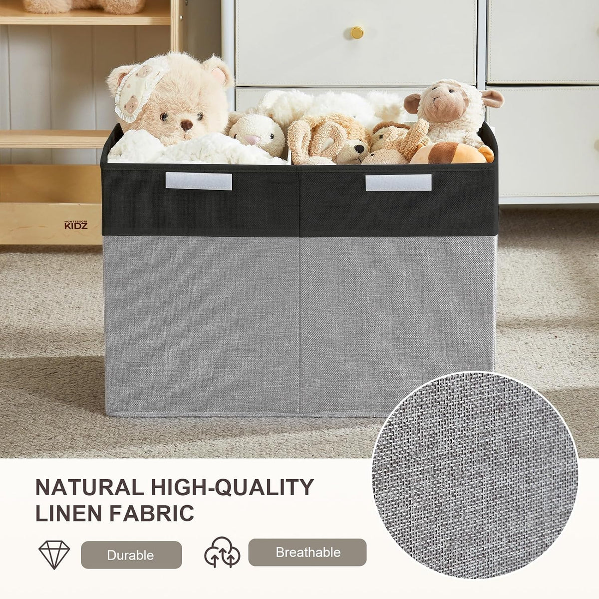 Large Toy Storage Box with Lid, Collapsible Toys Storage Organizer Bins with Dividers and Handles, Storage Chest Bin for Kids, Boys, Girls, Nursery 25"x13" x16" (Beige & White)