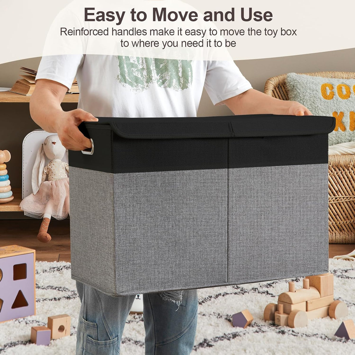 Large Toy Storage Box with Lid, Collapsible Toys Storage Organizer Bins with Dividers and Handles, Storage Chest Bin for Kids, Boys, Girls, Nursery 25"x13" x16" (Beige & White)