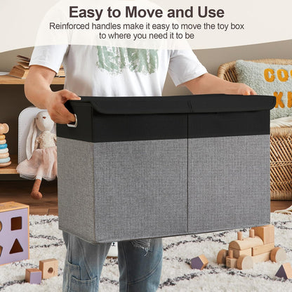 Large Toy Storage Box with Lid, Collapsible Toys Storage Organizer Bins with Dividers and Handles, Storage Chest Bin for Kids, Boys, Girls, Nursery 25"x13" x16" (Beige & White)