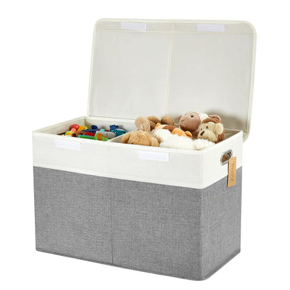 Large Toy Storage Box with Lid, Collapsible Toys Storage Organizer Bins with Dividers and Handles, Storage Chest Bin for Kids, Boys, Girls, Nursery 25"x13" x16" (Beige & White)