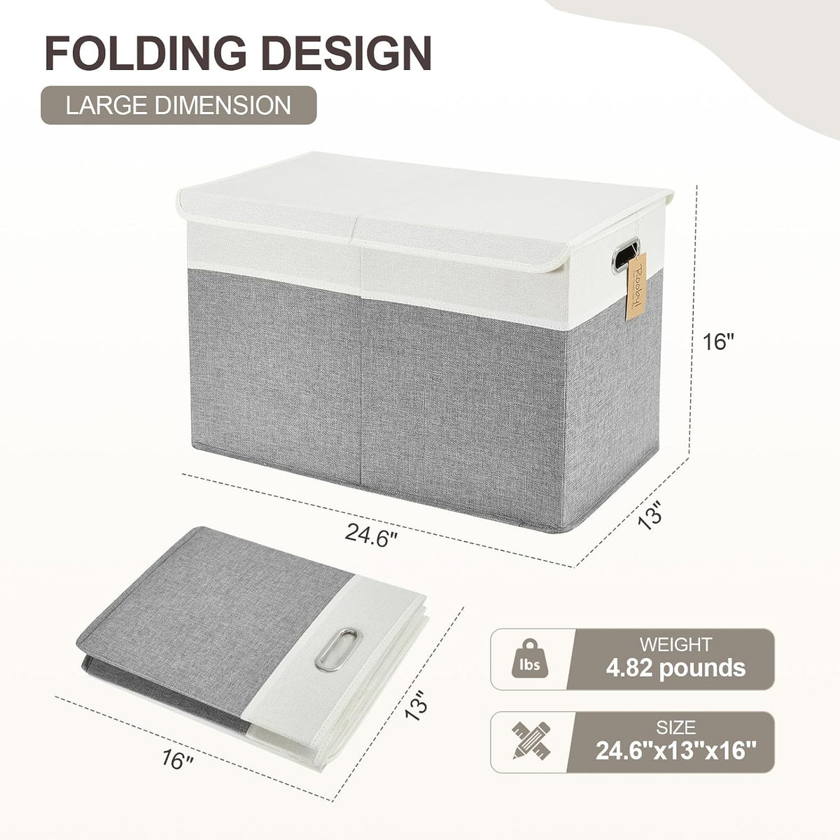 Large Toy Storage Box with Lid, Collapsible Toys Storage Organizer Bins with Dividers and Handles, Storage Chest Bin for Kids, Boys, Girls, Nursery 25"x13" x16" (Beige & White)
