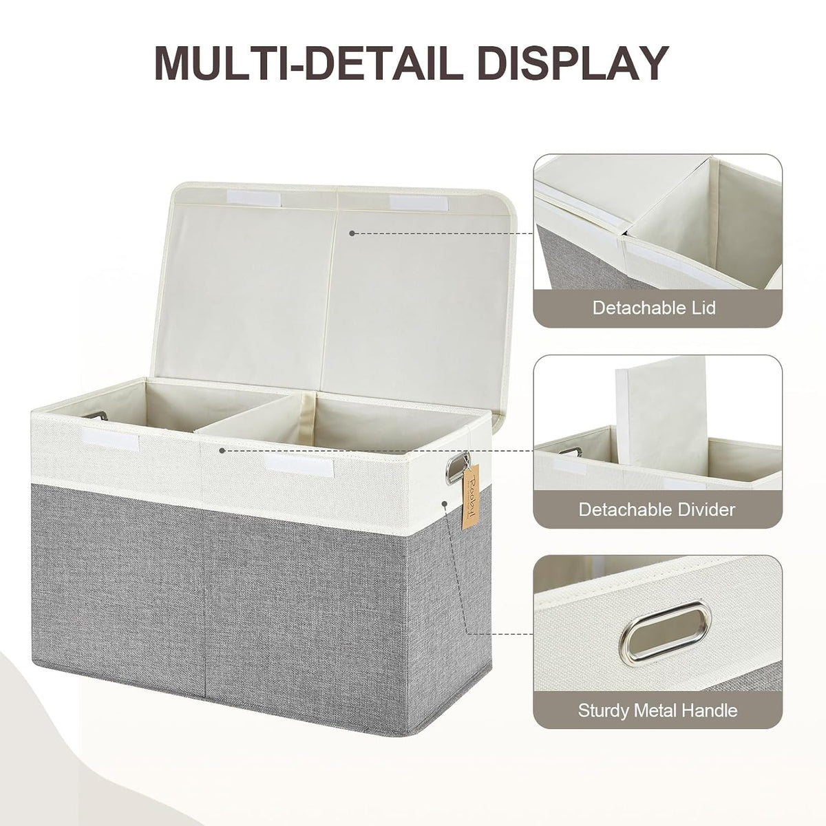 Large Toy Storage Box with Lid, Collapsible Toys Storage Organizer Bins with Dividers and Handles, Storage Chest Bin for Kids, Boys, Girls, Nursery 25"x13" x16" (Beige & White)