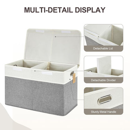Large Toy Storage Box with Lid, Collapsible Toys Storage Organizer Bins with Dividers and Handles, Storage Chest Bin for Kids, Boys, Girls, Nursery 25"x13" x16" (Beige & White)