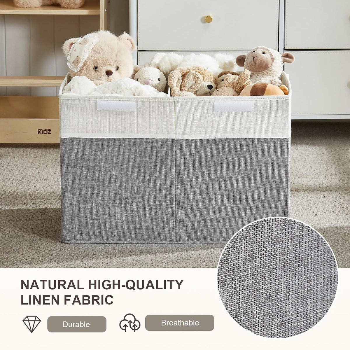 Large Toy Storage Box with Lid, Collapsible Toys Storage Organizer Bins with Dividers and Handles, Storage Chest Bin for Kids, Boys, Girls, Nursery 25"x13" x16" (Beige & White)