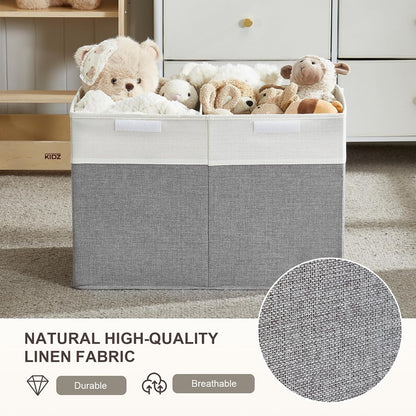 Large Toy Storage Box with Lid, Collapsible Toys Storage Organizer Bins with Dividers and Handles, Storage Chest Bin for Kids, Boys, Girls, Nursery 25"x13" x16" (Beige & White)