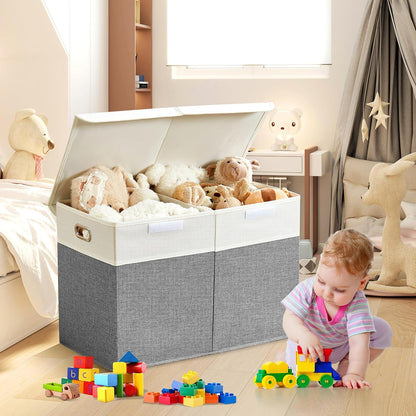 Large Toy Storage Box with Lid, Collapsible Toys Storage Organizer Bins with Dividers and Handles, Storage Chest Bin for Kids, Boys, Girls, Nursery 25"x13" x16" (Beige & White)